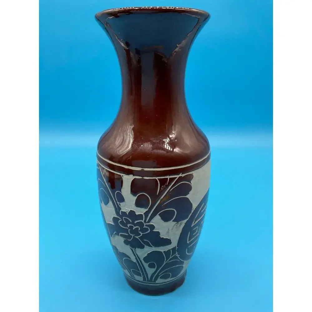 Vintage Brown Ceramic Vase‎ Handcrafted Floral Design 11